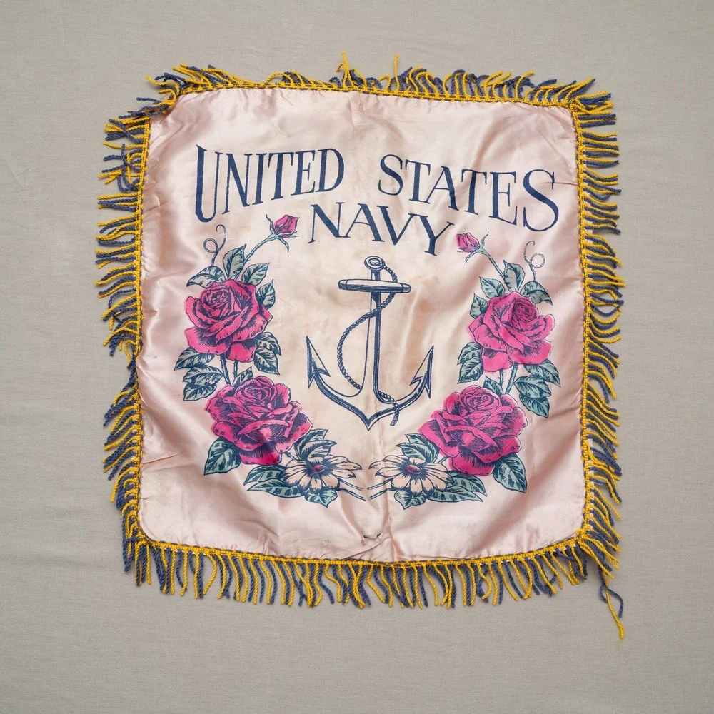 Vintage 1940s Souvenir United States Navy Silk Souvenir Pillow Case Sham